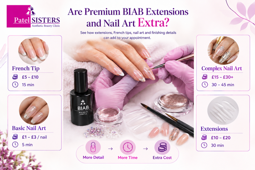 Premium BIAB extensions and nail art infographic showing French tips, basic and complex nail art, extensions, pricing, appointment time and extra cost.