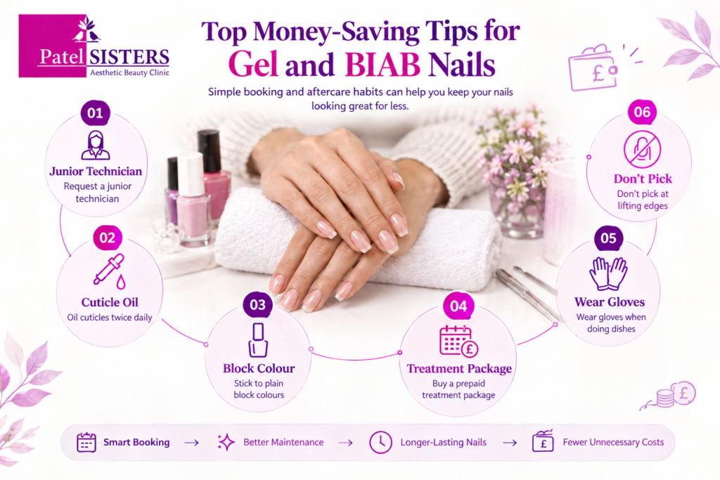 Money-saving tips for gel and BIAB nails, showing six ways to reduce costs through smart booking, cuticle care, simple colors, treatment packages, gloves, and proper nail maintenance.