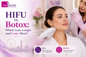 HIFU vs. Botox comparison showing skin lifting and wrinkle treatment in a premium London aesthetic clinic.
