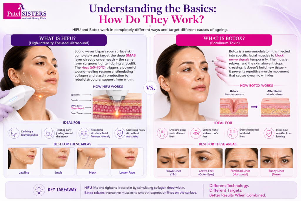 HIFU and Botox comparison showing skin tightening and lifting versus expression line reduction.