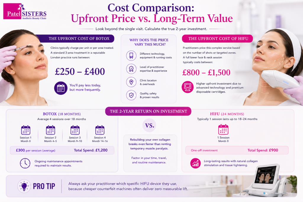 HIFU vs. Botox cost comparison showing upfront prices, treatment frequency, and long-term value.