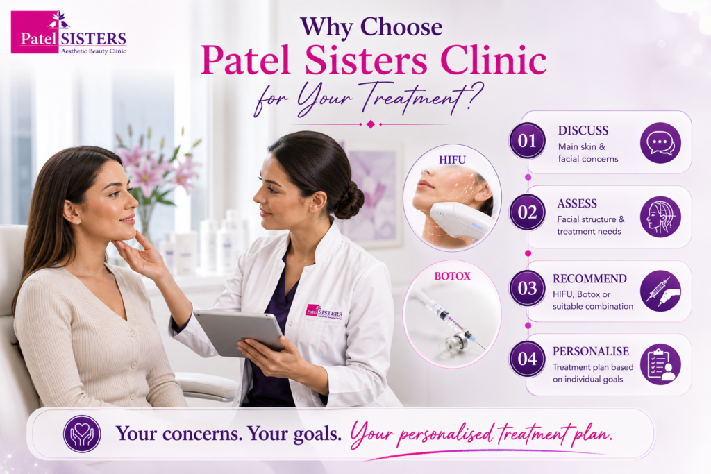 Patel Sisters Clinic consultation showing personalized HIFU and Botox treatment planning based on individual facial needs.
