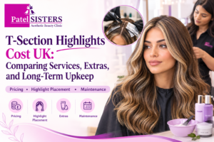 T-Section highlights cost UK guide featuring caramel-blonde highlights, salon services, and Patel Sisters Aesthetic Beauty Clinic.