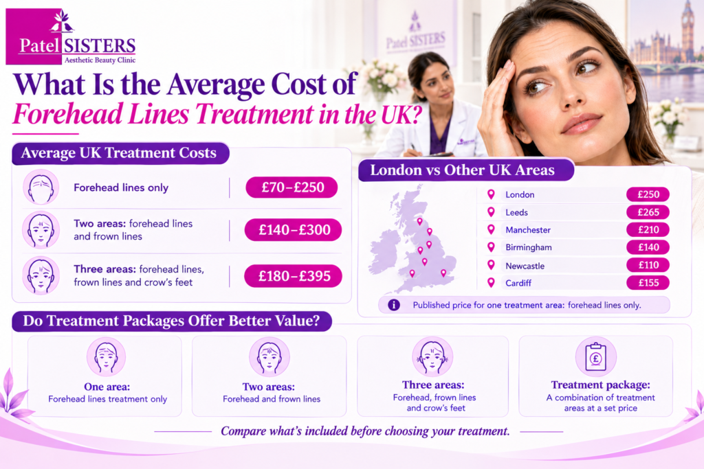 Average forehead lines treatment cost in the UK infographic comparing prices for one, two and three treatment areas, London and other UK city prices, and multi-area treatment packages by Patel Sisters Clinic.