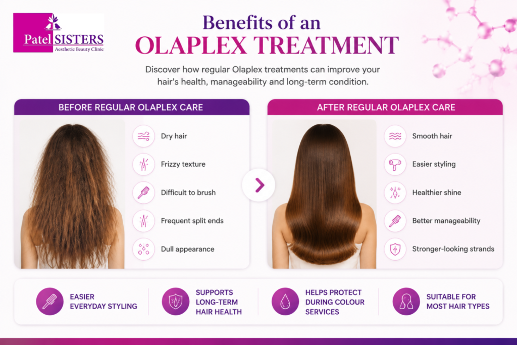 An infographic showing the key benefits of Olaplex treatment for healthier, stronger, smoother, and easier-to-manage hair.