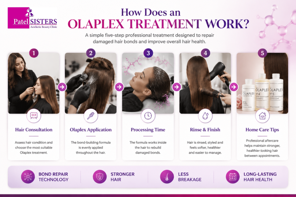 Step-by-step Olaplex treatment process showing consultation, application, bond repair, hair wash, and healthy hair results.