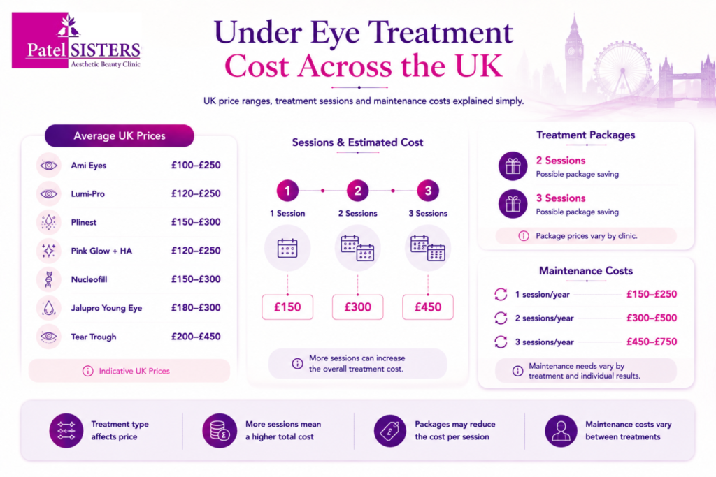 Under Eye Treatment Cost maintenance price guide showing example follow-up treatment costs in the UK
