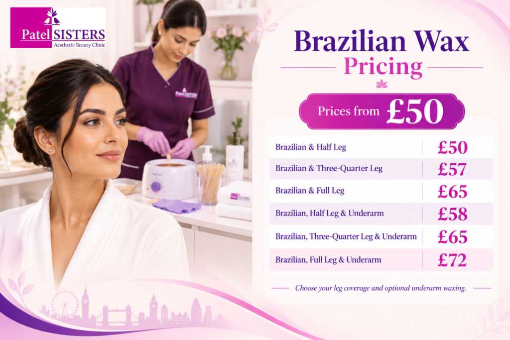 Brazilian wax pricing at Patel Sisters Aesthetic Beauty Clinic in London, with six Brazilian waxing packages from £50 to £72.