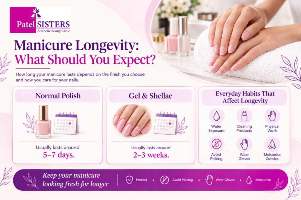 Manicure longevity guide showing how long normal polish, gel and shellac manicures typically last, with everyday care tips.