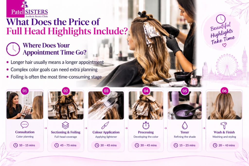 Full head highlights appointment infographic showing consultation, sectioning and foiling, color application, processing, toner, and wash and finish with typical appointment times.