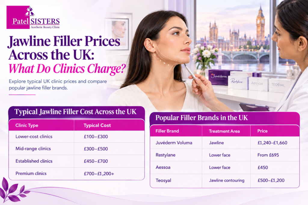 Jawline filler prices across the UK, comparing typical clinic costs and popular filler brands including Juvéderm Voluma, Restylane, Aessoa, and Teosyal, with a jawline contouring consultation at Patel Sisters Aesthetic Beauty Clinic.