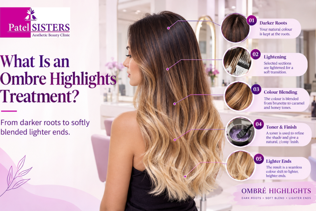 Ombre highlights treatment showing dark brunette roots gradually blending into caramel, honey and blonde ends, with step-by-step colour process in a luxury salon setting.