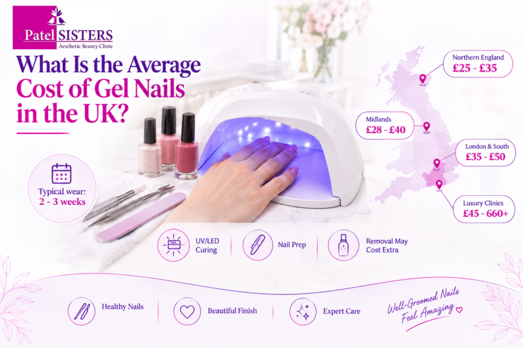 The BIAB nail cost in the UK infographic showing regional price ranges, typical 2–3 week wear, UV/LED curing, nail preparation, and possible removal costs.