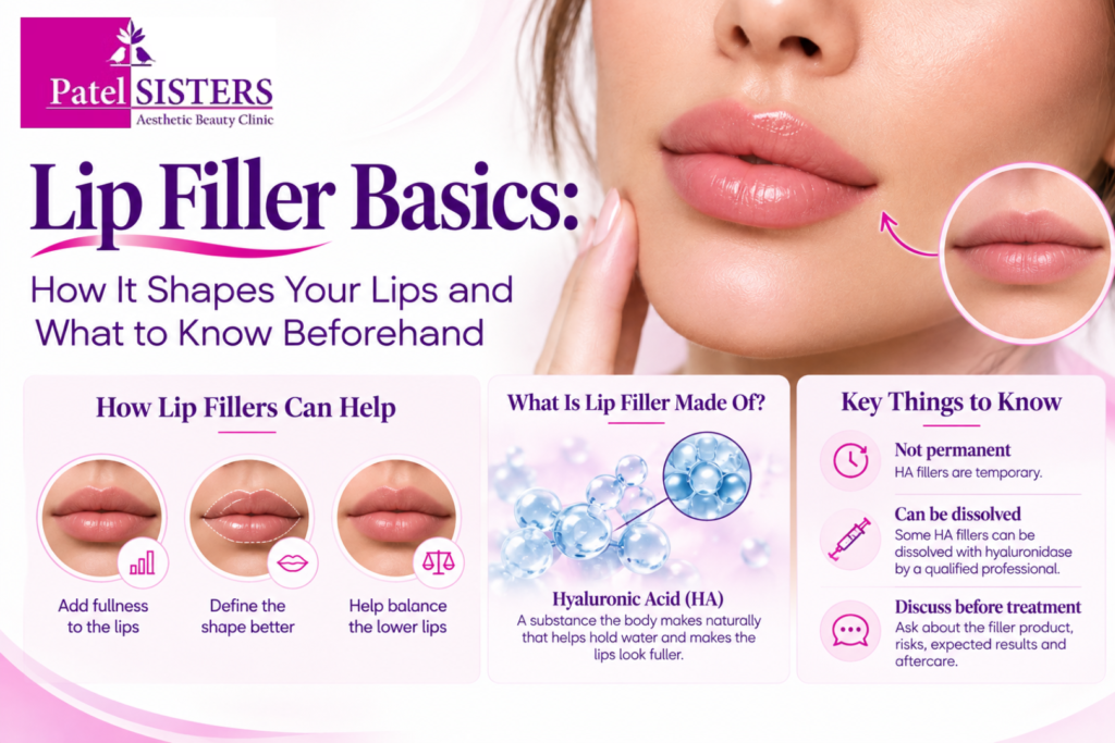 Lip filler infographic highlighting lip enhancement benefits, hyaluronic acid (HA), and key safety considerations.