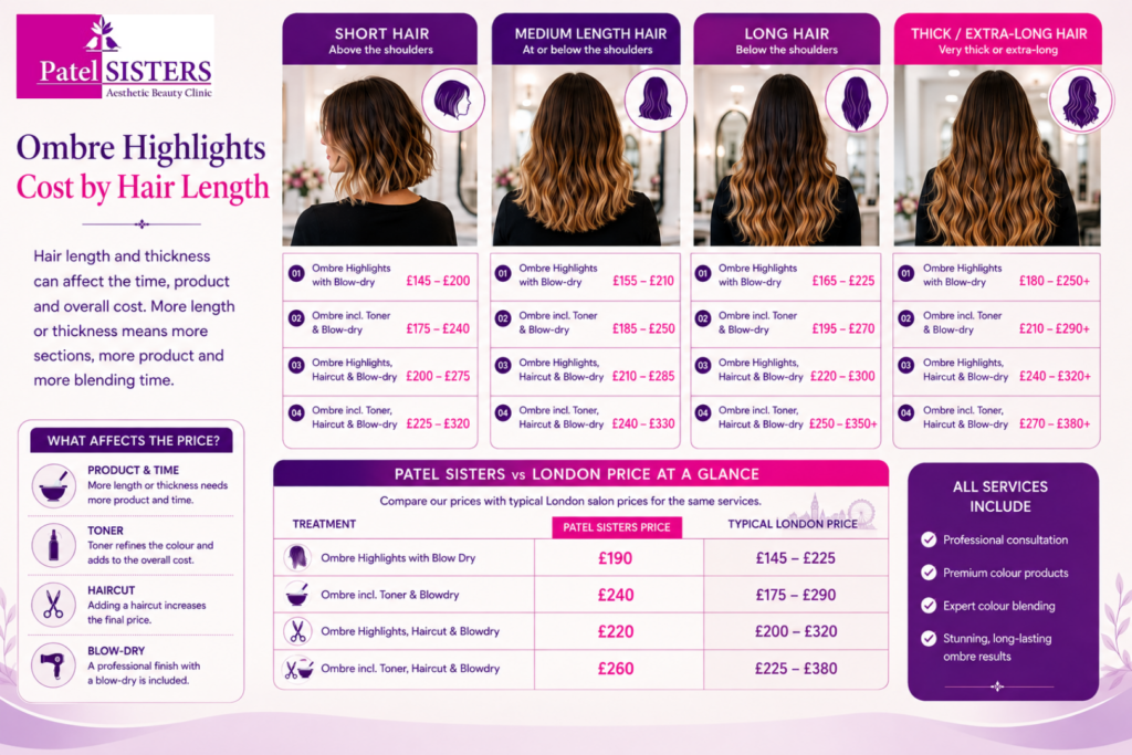 Ombre highlights cost by hair length, comparing short, medium, long and thick or extra-long hair prices with typical London salon costs.
