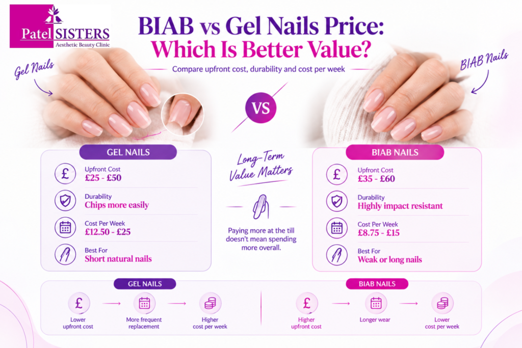 BIAB vs. gel nails price comparison showing upfront costs, durability, cost per week, and which nail types each treatment suits.
