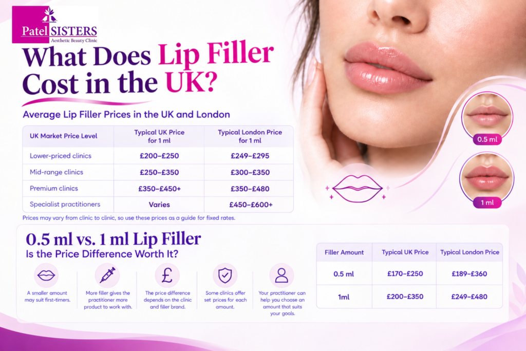 Infographic comparing UK and London lip filler prices for 0.5 ml and 1 ml treatments, including clinic price ranges and cost differences.