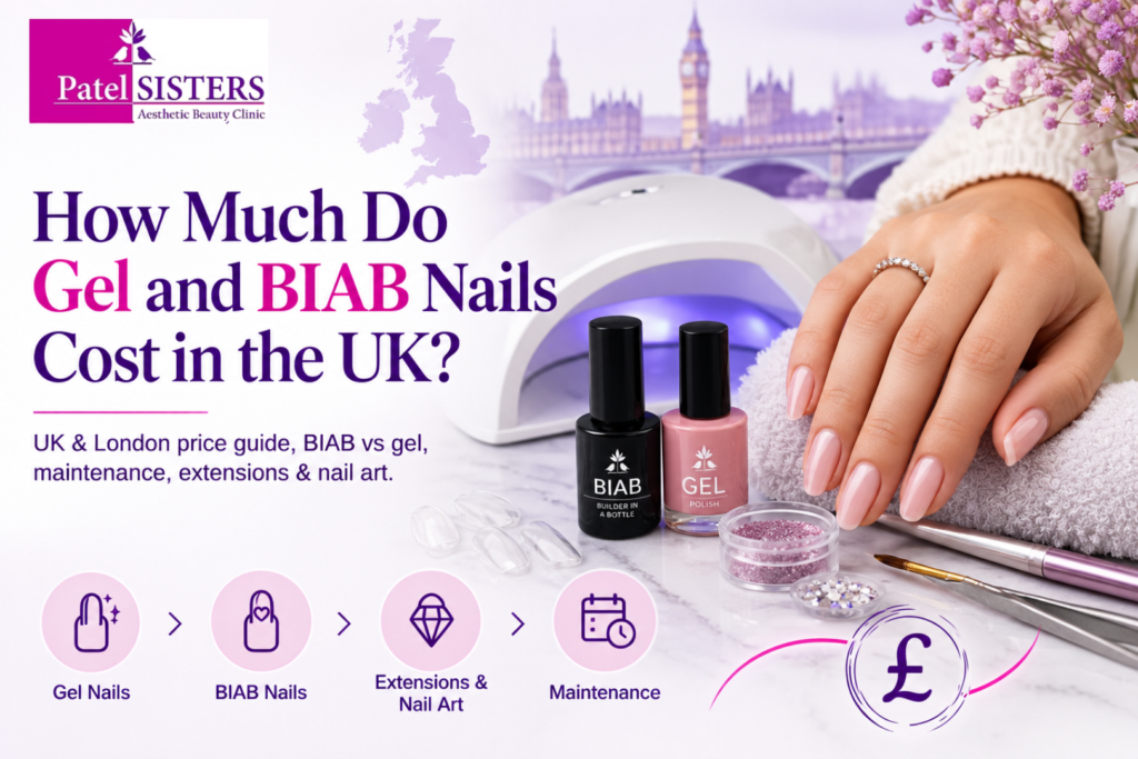 Gel and BIAB nails cost in the UK infographic featuring Patel Sisters, London nail pricing, BIAB and gel products, manicure tools, extensions, nail art, and maintenance.