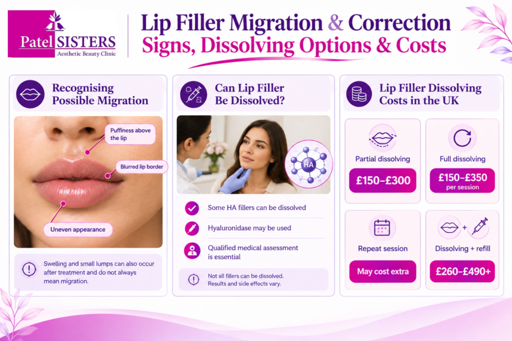Infographic explaining lip filler migration signs, dissolving options, hyaluronidase treatment, and UK costs for partial dissolving, full dissolving, repeat sessions and dissolving with refill.