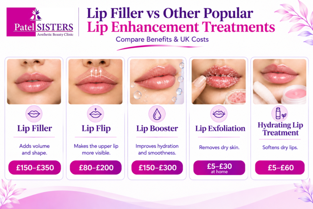 Infographic comparing lip filler, lip flip, lip booster, lip exfoliation and hydrating lip treatments, including benefits and typical UK costs.