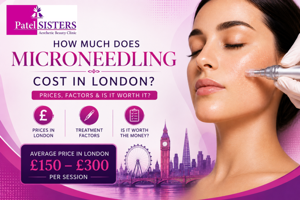 Microneedling cost in London showing treatment pricing, key cost factors and Patel Sisters Clinic information.