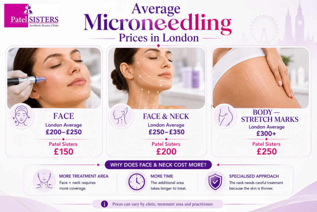 A premium informational infographic about microneedling prices in London, comparing average London costs with Patel Sisters Clinic prices for face, face and neck, and body stretch-mark treatments.