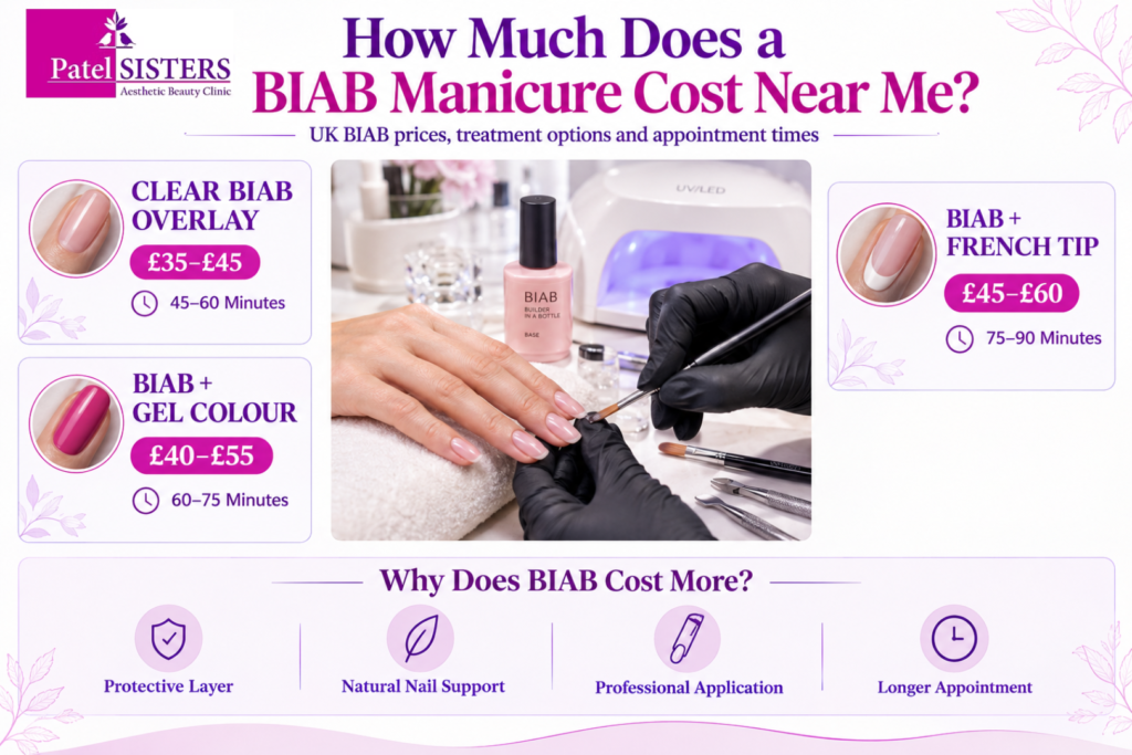 The BIAB manicure cost guide showing UK price ranges for clear BIAB overlay, BIAB with gel color, and BIAB with French tips, plus appointment times and factors that affect the cost.