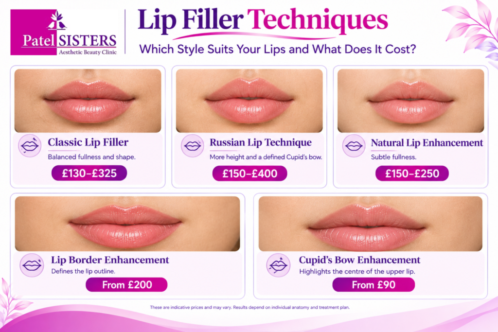 Infographic comparing five lip filler techniques—classic, Russian, natural lip enhancement, lip border enhancement, and Cupid’s bow enhancement—with visual examples, benefits, and indicative UK prices.