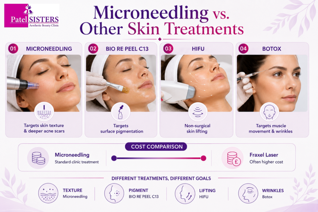 Microneedling vs other skin treatments infographic comparing microneedling, BIO RE PEEL C13, HIFU and Botox by treatment goals including skin texture, pigmentation, lifting and wrinkles.