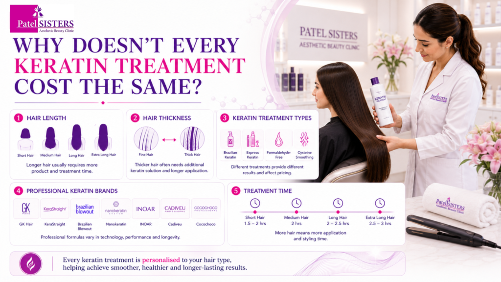 Illustration showing the main factors affecting keratin treatment cost, including hair length, thickness, keratin formula, and stylist expertise.