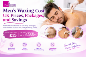 Feature image showing men’s waxing costs in the UK, with prices starting at £15 and full-body treatments up to £265+, alongside waxing treatment visuals and package savings.