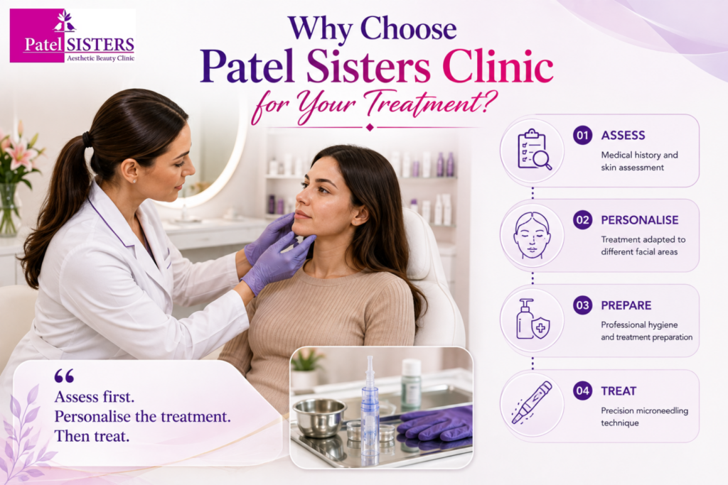 Patel Sisters Clinic microneedling consultation showing a personalized skin assessment and professional treatment care.
