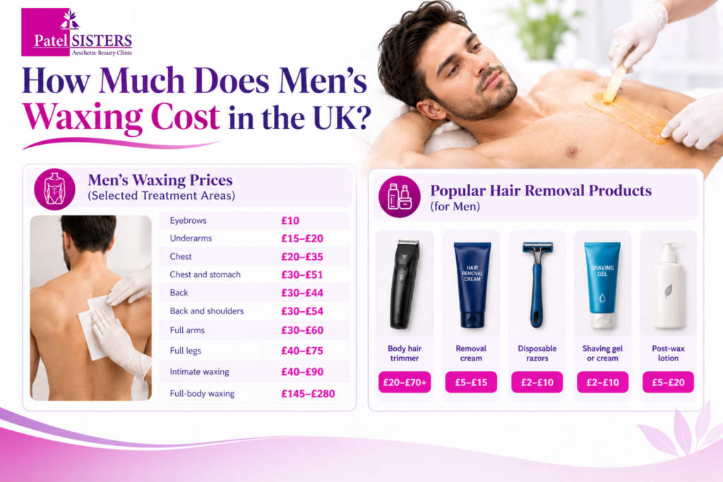 Infographic showing men’s waxing prices in the UK for different body areas, alongside popular hair removal products and their price ranges.