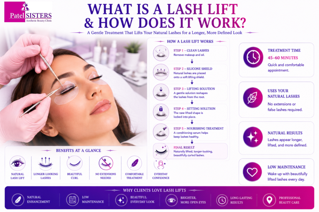 Lash lift treatment gently lifts natural lashes for a longer and more defined appearance.