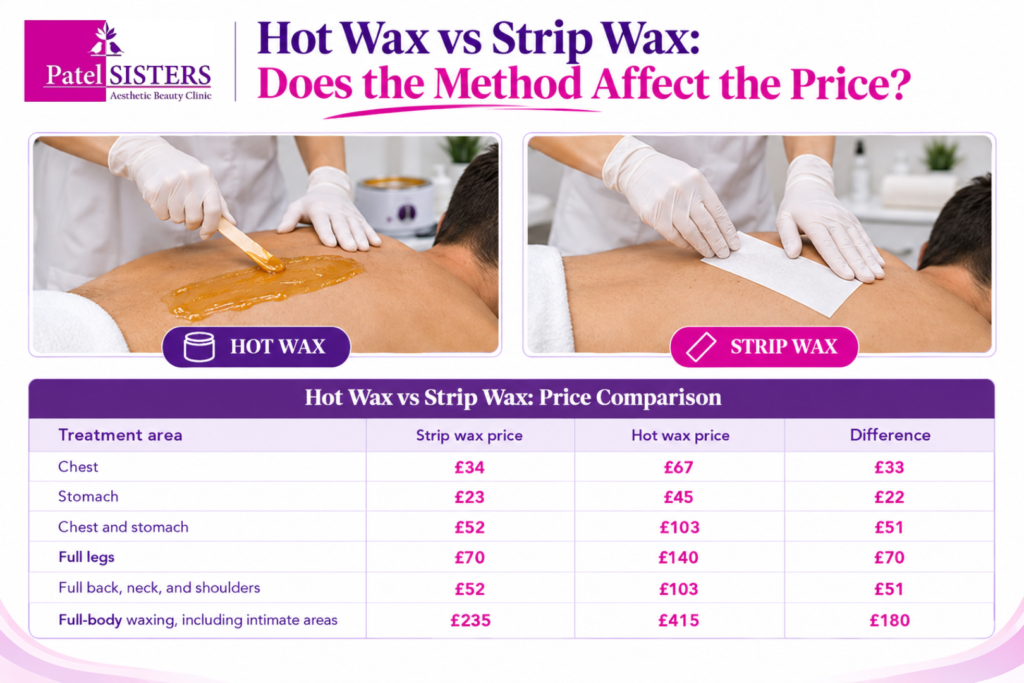 Hot wax vs. strip wax infographic comparing treatment methods and UK prices for chest, stomach, full legs, back, shoulders, and full-body waxing.
