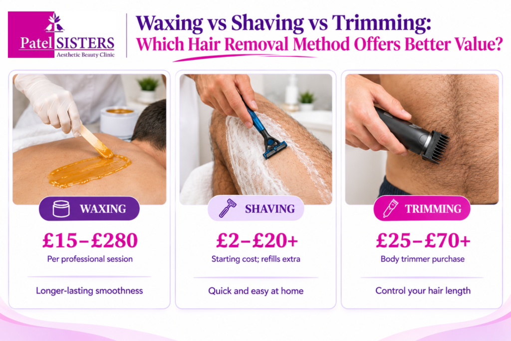 Infographic comparing waxing, shaving, and trimming, showing treatment images, UK cost ranges, starting costs, and key benefits of each hair removal method.
