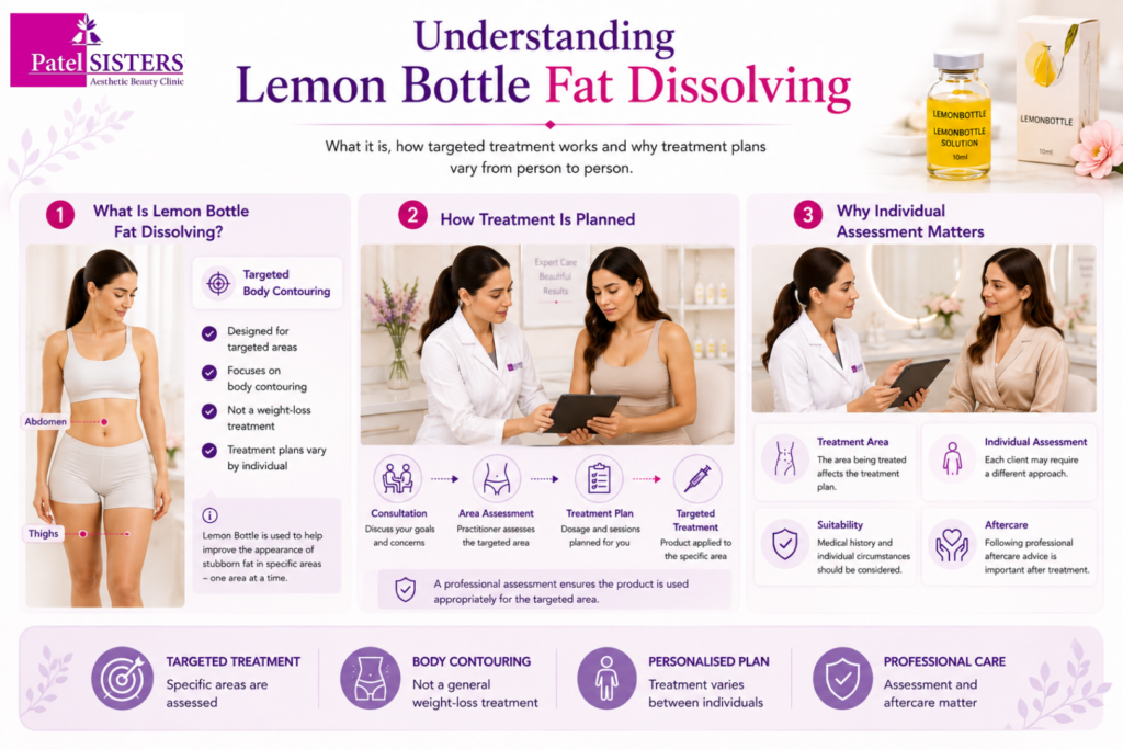 Educational infographic explaining Lemon Bottle Fat Dissolving, showing targeted abdomen and thigh treatment, consultation and area assessment, personalized treatment planning, suitability, and professional aftercare.