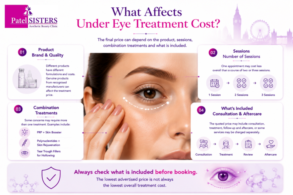 Factors Affecting Under Eye Treatment Cost including product quality, number of sessions, combination treatments, consultation and aftercare