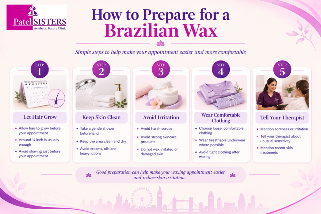 How to prepare for a Brazilian wax with five steps: grow hair, keep skin clean, avoid irritation, wear comfortable clothing, and tell your therapist.