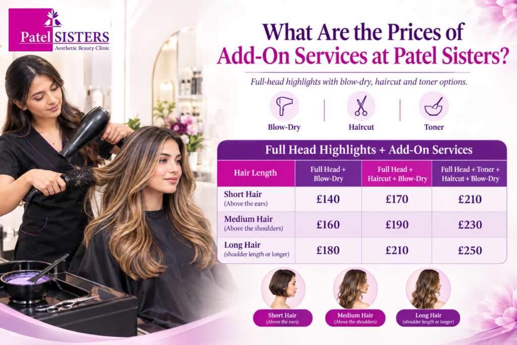 Add-on service price infographic for full head highlights at Patel Sisters, showing costs by hair length for blow-dry, haircut, and toner combinations.