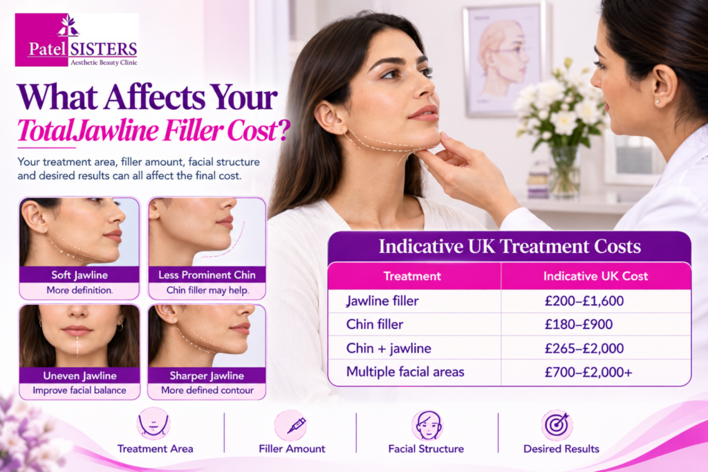 Jawline filler cost factors, showing chin and jawline concerns, a consultation, and indicative UK treatment prices at Patel Sisters Aesthetic Beauty Clinic.
