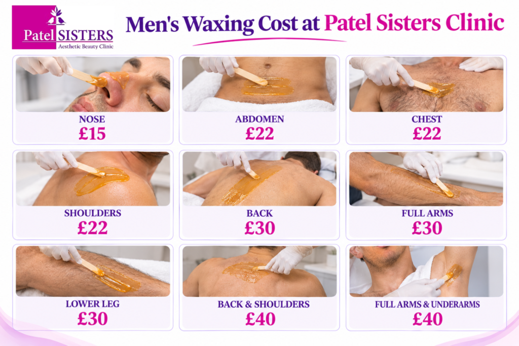 Men’s waxing price infographic featuring nine treatment areas, including nose, abdomen, chest, shoulders, back, full arms, lower legs, back and shoulders, and full arms with underarms, with individual prices.
