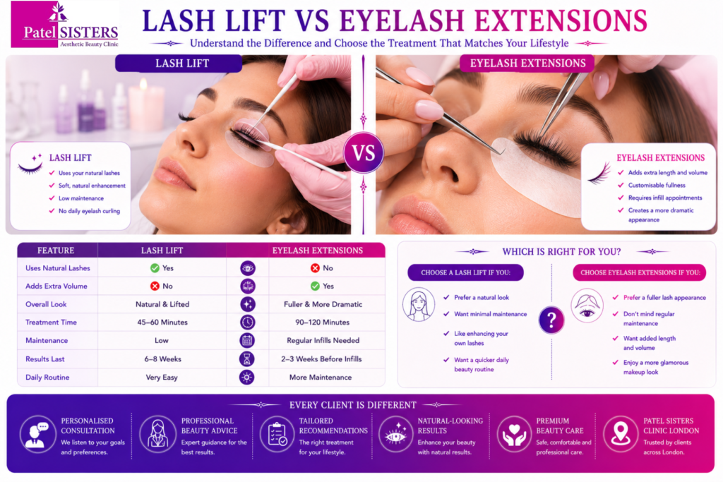 Comparison between lash lift and eyelash extensions showing natural lift versus added volume.