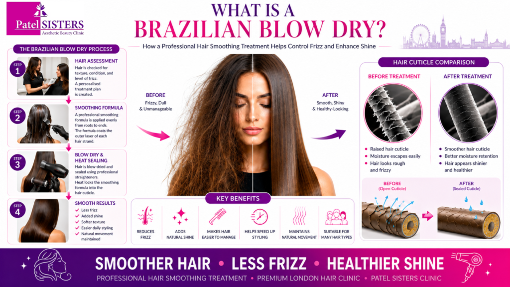 The Brazilian Blow Dry treatment smooths the hair cuticle for shinier, frizz-free, and healthier-looking hair.
