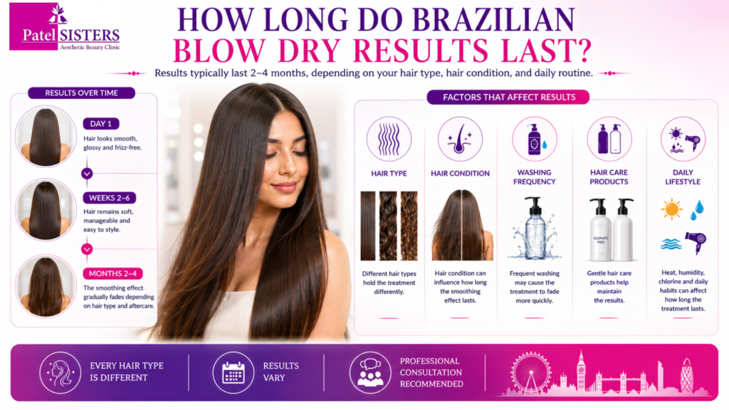 Educational timeline showing how long Brazilian Blow Dry results last and the key factors that affect their longevity.