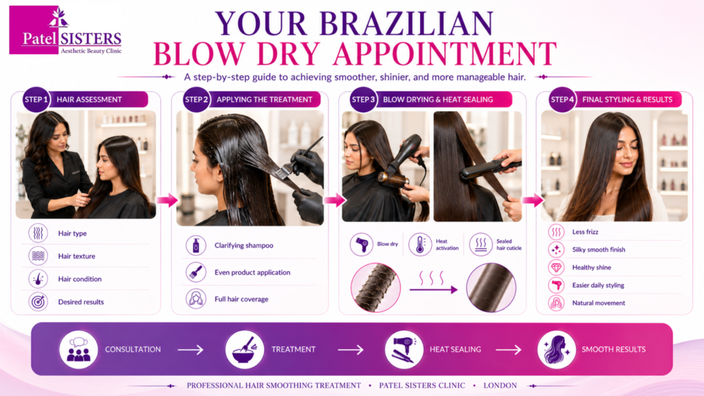 Step-by-step Brazilian Blow Dry treatment from consultation to smooth, glossy hair.