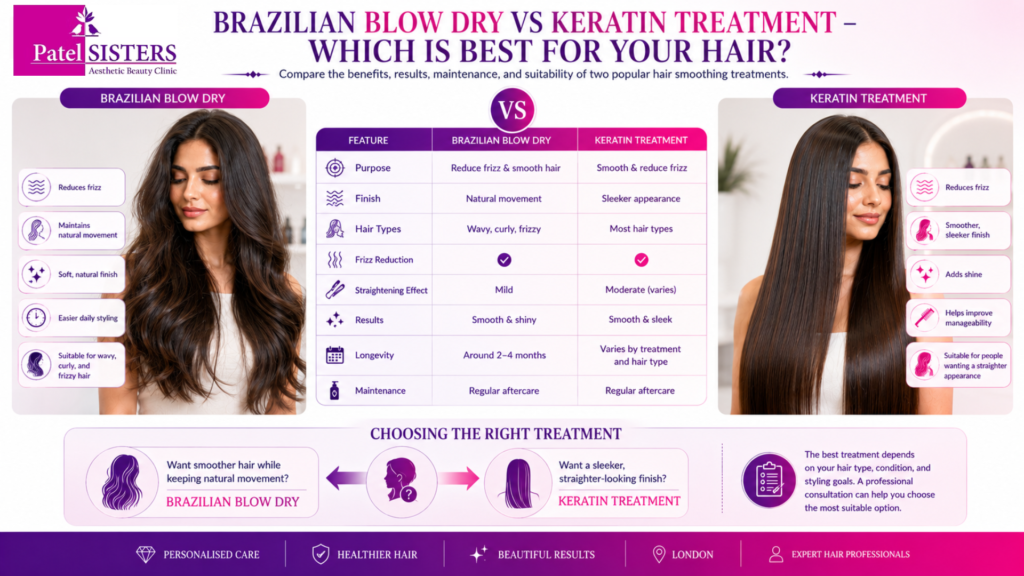Comparison between Brazilian Blow Dry and Keratin Treatment for smoother, healthier-looking hair.