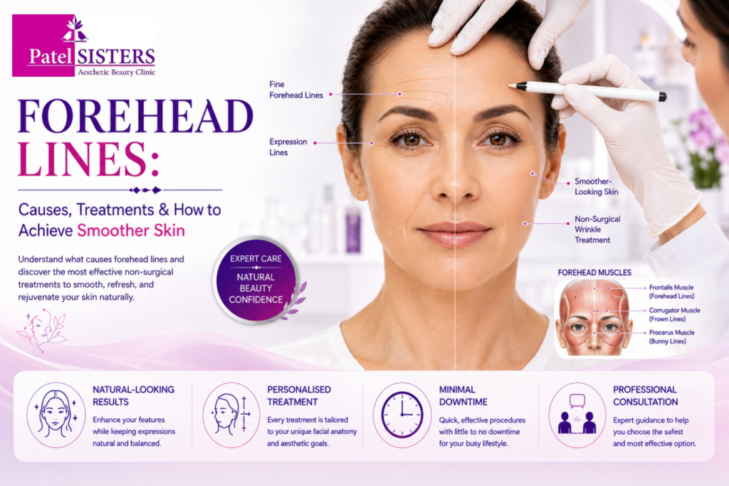 Professional forehead line assessment showing smoother, younger-looking skin after non-surgical wrinkle treatment.