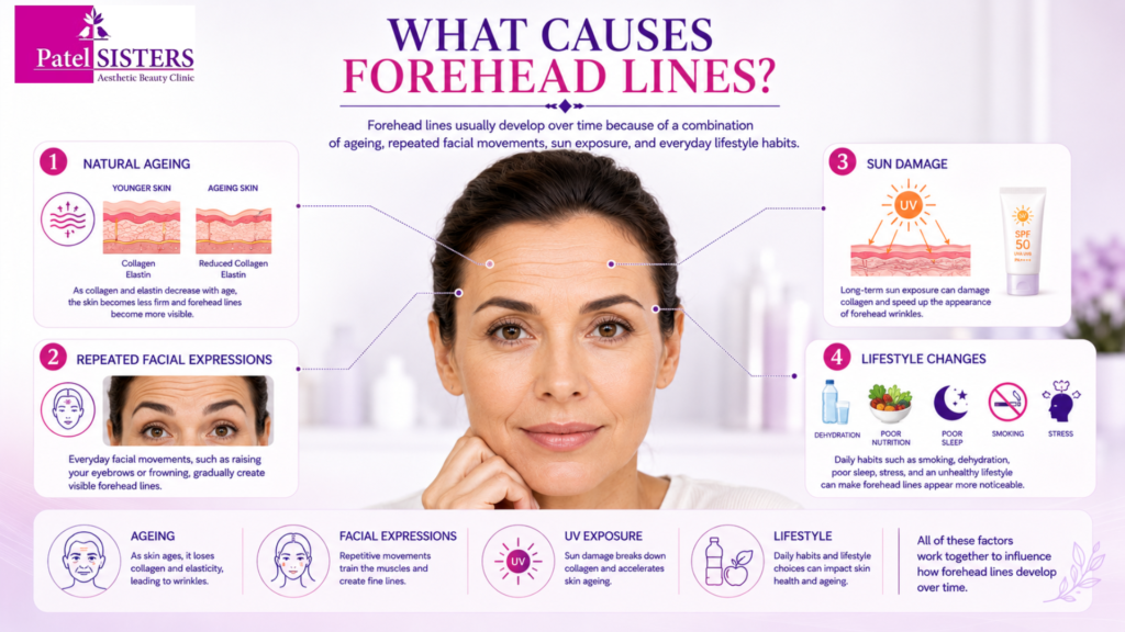 Common causes of forehead lines, including natural aging, repeated facial expressions, sun damage, and lifestyle factors, are illustrated in an educational infographic.