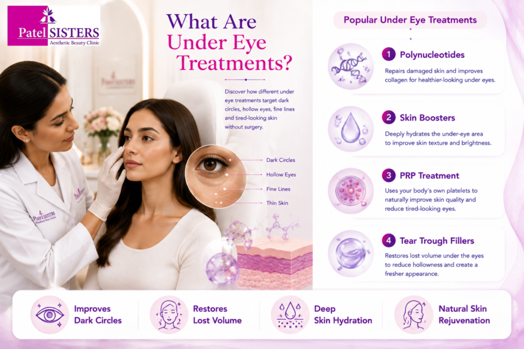 Medical infographic explaining Under Eye Treatment Cost, common under eye concerns, and popular treatments including polynucleotides, skin boosters, PRP, and tear trough fillers.